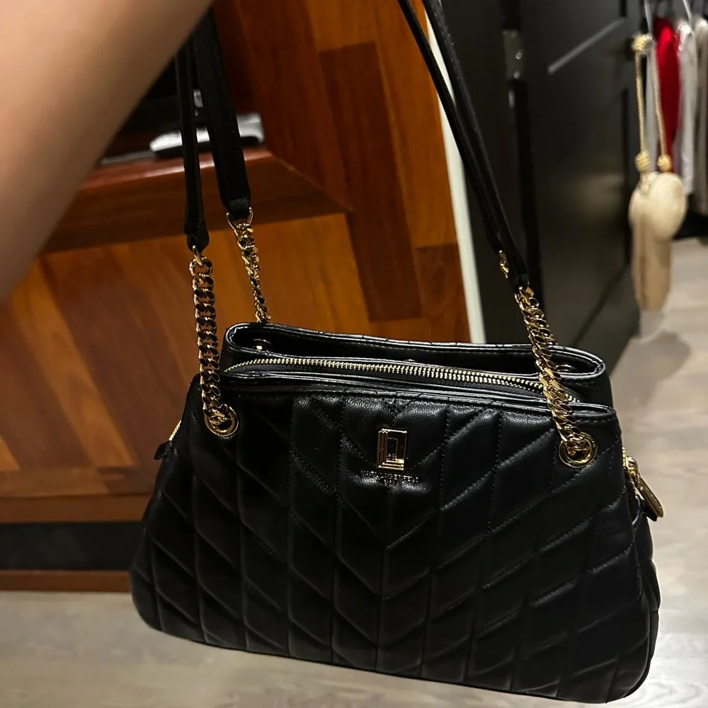 Karl Lagerfeld Black Quilted Shoulder Bag with Gold Chain Detail